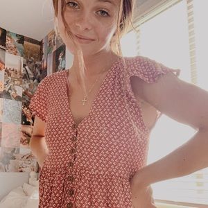 pinky red flowery flare shortsleeve dress